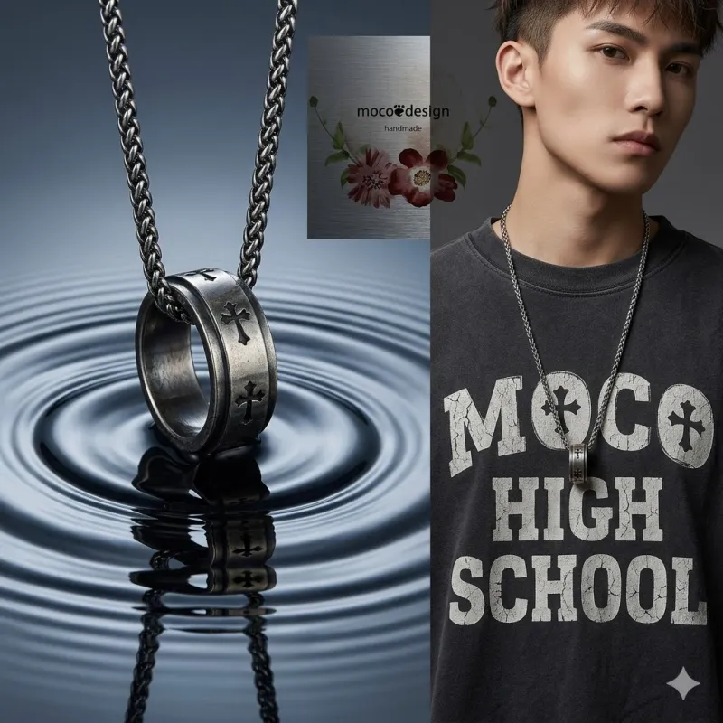 Hip-Hop Trendy Brand Cross Ring Necklace Men's Trendy Simple All-Match Titanium Steel Pendant