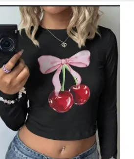 Women's Long Sleeve Cherry Print Crop Top