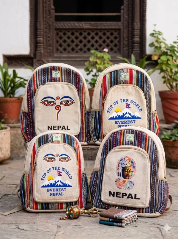 Handmade Nepali Natural Hemp Backpack - Authentic Eco-Friendly Travel & College Bag with Buddha Eyes / Everest Print for Men & Women